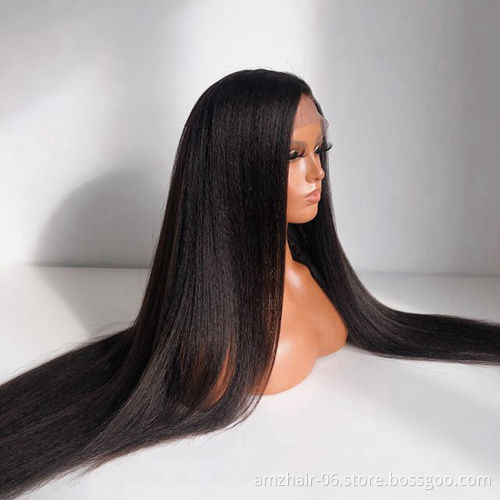 Cheap Kinky Yaki Straight Indian Virgin Human Hair Lace Frontal Wig Pre Pluck Swiss Lace Front Human Hair Wig For Black Women